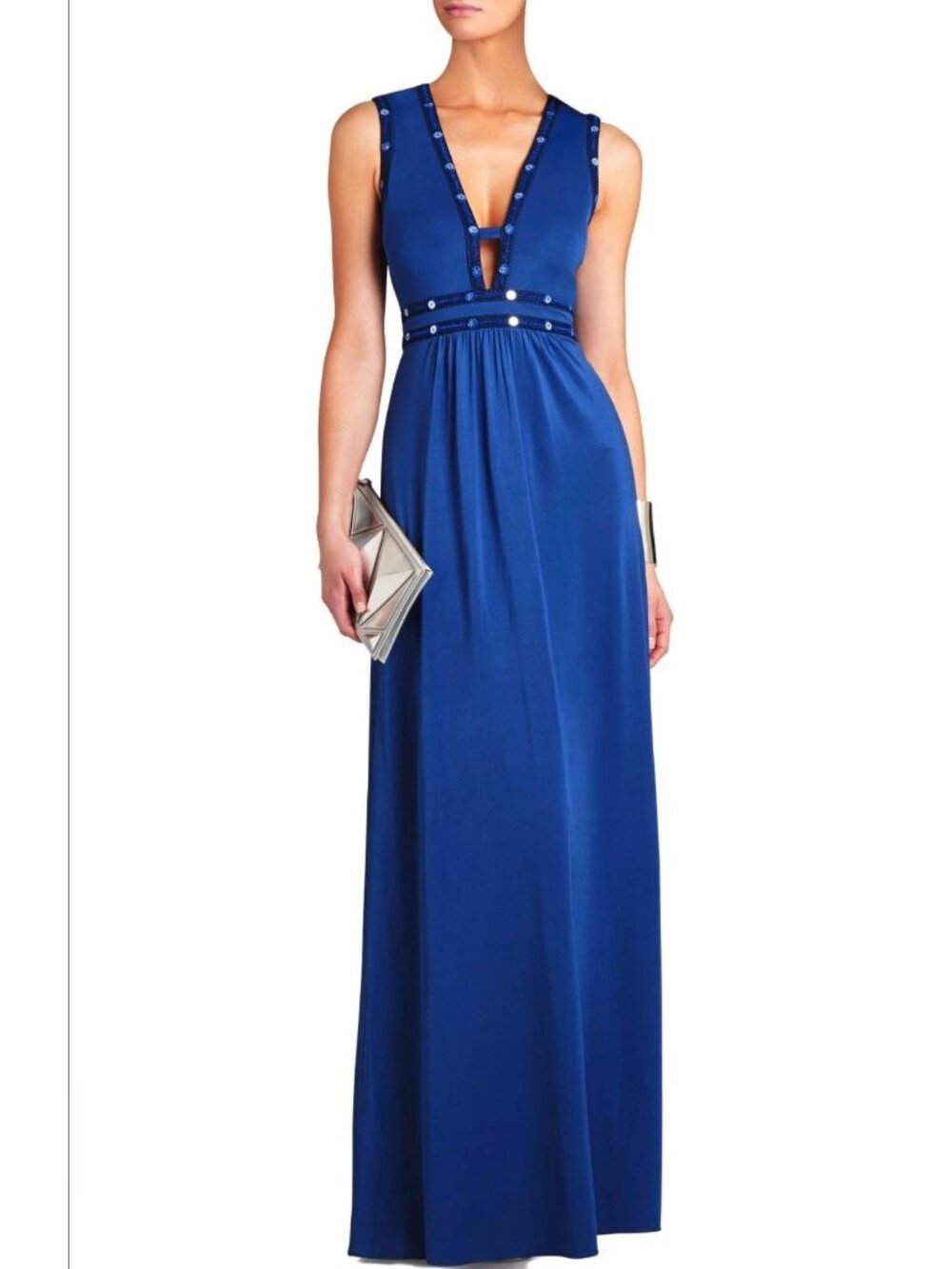 BCBGMaxazria Juliette Evening Dress Maxi Plunging V-Neck Royal Blue Medium